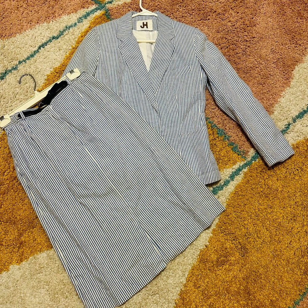 Vintage classic 2pc JH Collectibles Seersucker blue stripe SUIT jacket skirt 6 7